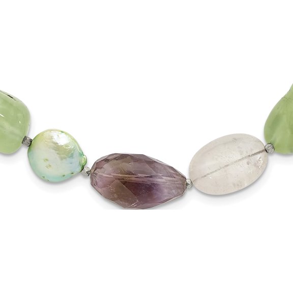 Sterling Silver Amethyst, Green Pearl And Prehnite 2In Ext Necklace (Width 13.6) (Length 20) - Jbsp