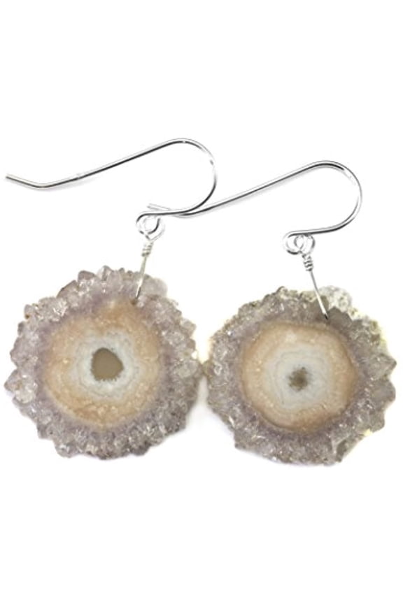 Sterling Silver Amethyst Stalactite Earrings Large Round Slice Drops for Adult Women