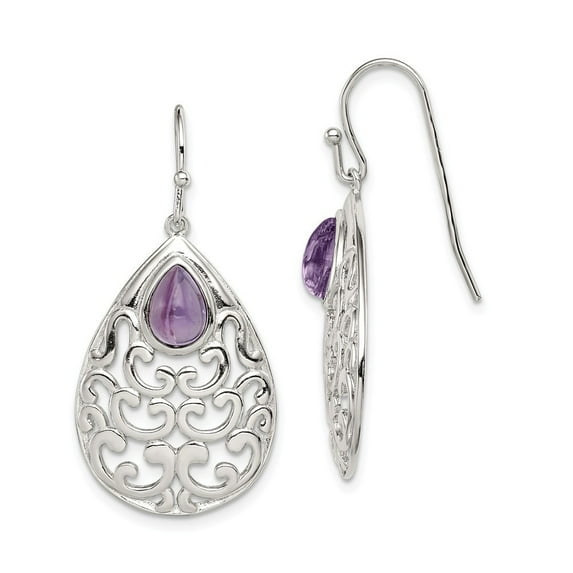 Sterling Silver Amethyst Teardrop Shepherd Hook Earrings - Measures 40x19mm Wide