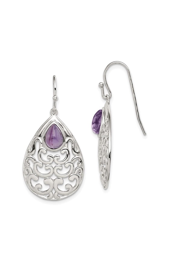 Sterling Silver Amethyst Teardrop Shepherd Hook Earrings - Measures 40x19mm Wide