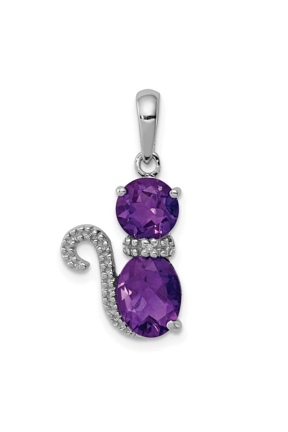 Sterling Silver Amethyst and Diamond Cat Pendant Charm