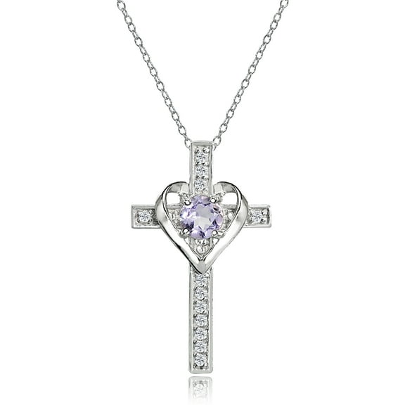 Sterling Silver Amethyst and White Topaz Heart Cross Birthstone Pendant Necklace