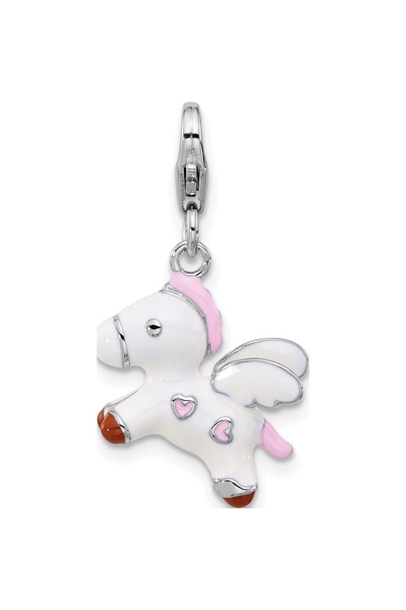 Sterling Silver Amore La Vita Rh-Plated Enameled 3-D Pegasus Charm (Width 14.3) (Length 28.5) - Jbsp