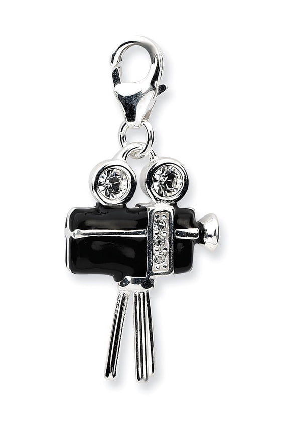Amore La Vita Sterling Silver Rhodium-plated Polished 3-D Enameled Swarovski Crystal Movie Camera Charm with Fancy Lobster Clasp