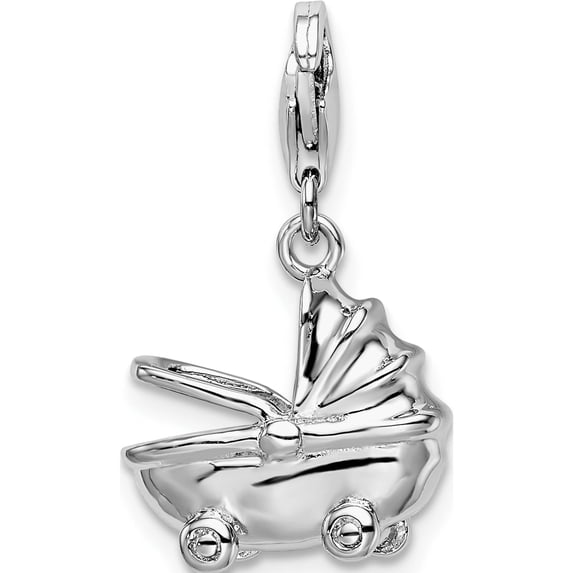 Sterling Silver Amore La Vita Rhodium-Pl Polished Baby Carriage Charm (34 X 13) Made In China qcc168