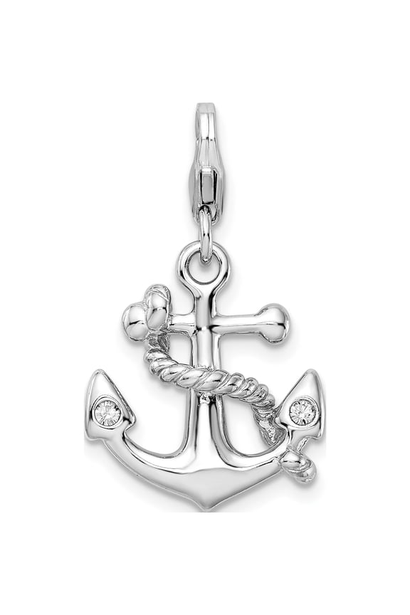 Amore La Vita Sterling Silver Rhodium-plated Polished 3-D Enameled Swarovski Crystal Anchor Charm with Fancy Lobster Clasp
