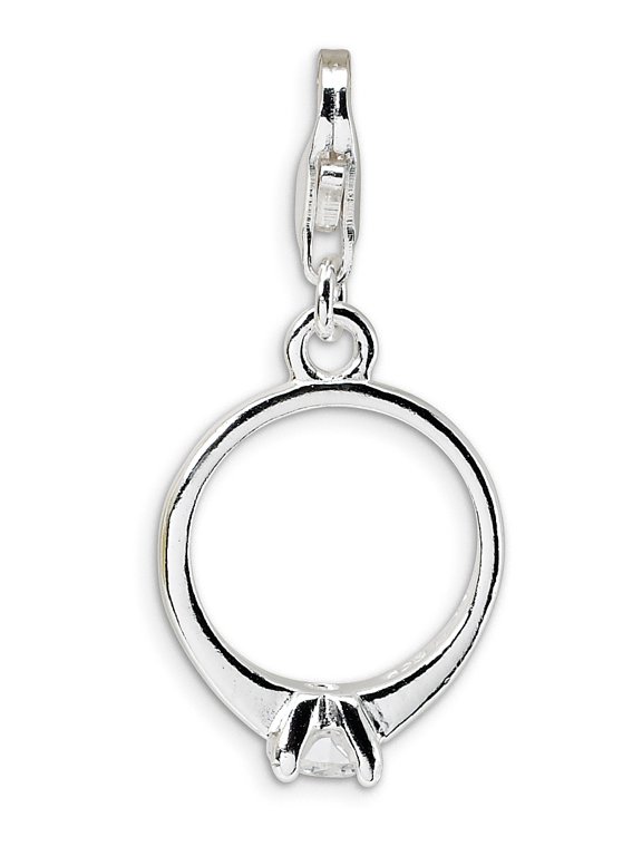 Amore La Vita Sterling Silver Rhodium-plated Polished 3-D CZ Polished Engagement Ring Charm with Fancy Lobster Clasp