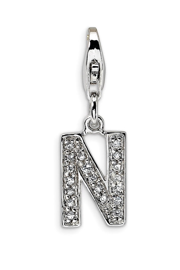 Amore La Vita Sterling Silver Rhodium-plated Polished CZ Letter N Initial Charm with Fancy Lobster Clasp