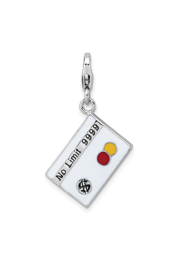 Sterling Silver Amore La Vita Rhodium-plated White/Black/Red/Yellow Enameled No Limit Credit Card Charm with Lobster Clasp