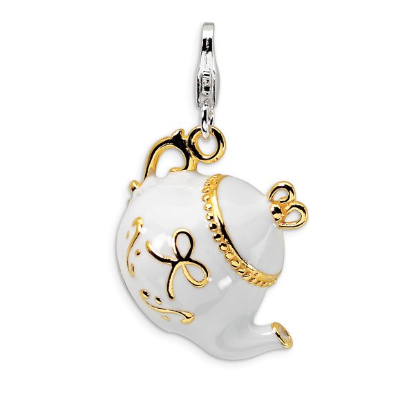 Sterling Silver Amore La Vita and Polished 3-D White Enameled Tea Pot Charm Pendant with Fancy Lobster Clasp