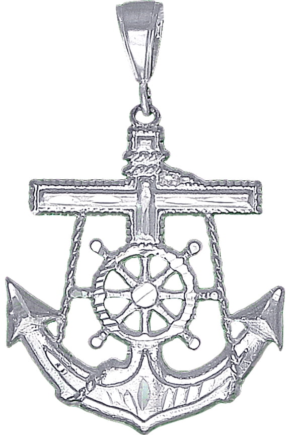 Sterling Silver Anchor Cross Pendant Necklace 2.15 Inches 5.6 Grams Diamond Cut Finish with Figaro Chain