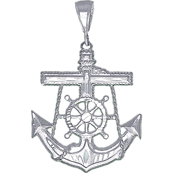 Sterling Silver Anchor Cross Pendant Necklace 2.15 Inches 5.6 Grams Diamond Cut Finish with Figaro Chain