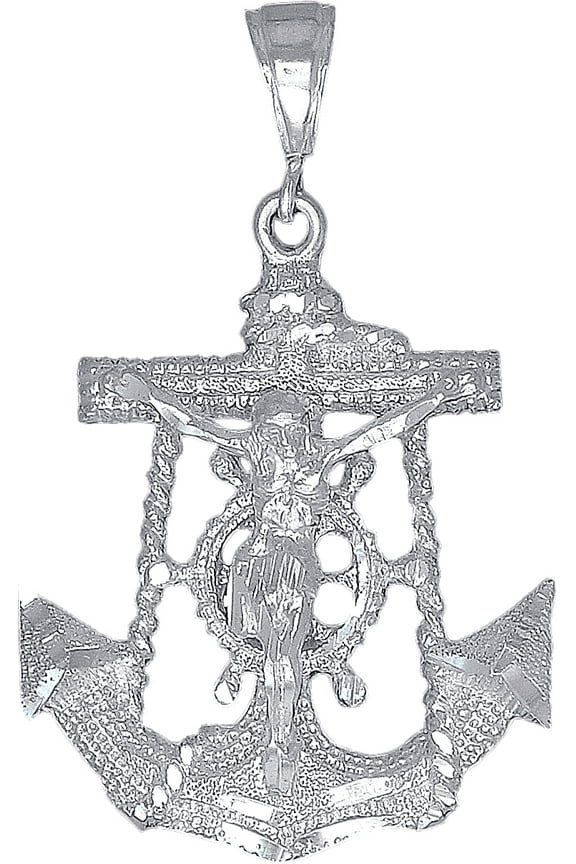 Sterling Silver Anchor Cross with Jesus Pendant Necklace 2.3 Inches 10 Grams Diamond Cut Finish with Figaro Chain