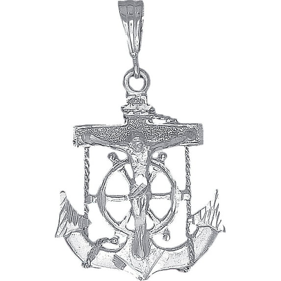 Sterling Silver Anchor Cross with Jesus Pendant Necklace with Diamond Cut Finish and 24 Inch Figaro Chain
