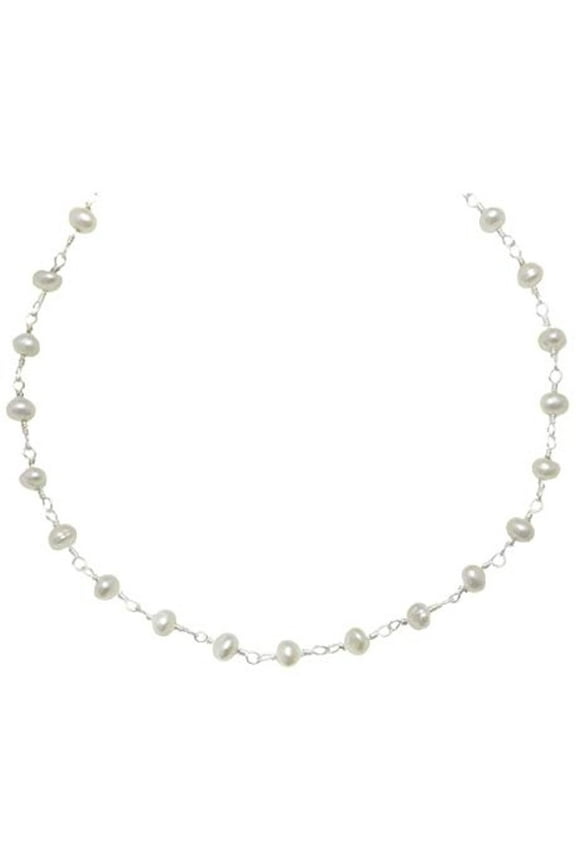 Sterling Silver And Silvertone Freshwater Cultured Pearl Necklace White Small Chain Link (3.0-3.5mm), 18" Designed for Adult Women