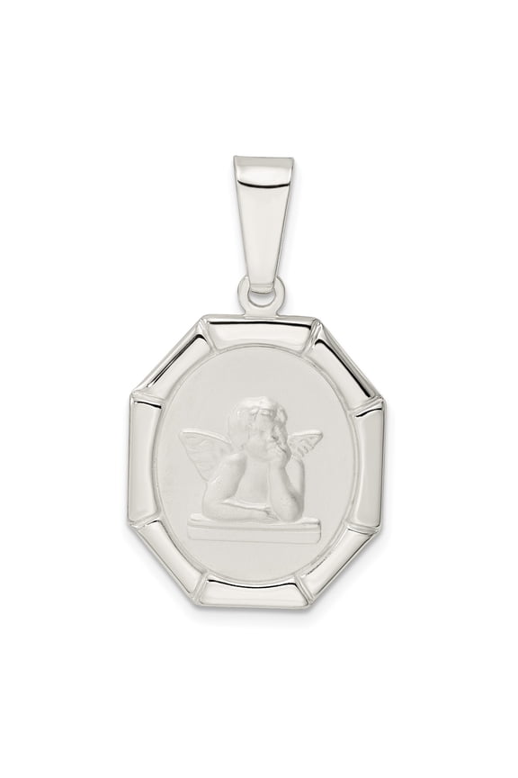 Sterling Silver Raised Cherub Angel Pendant Charm, Christian Octagon Medal