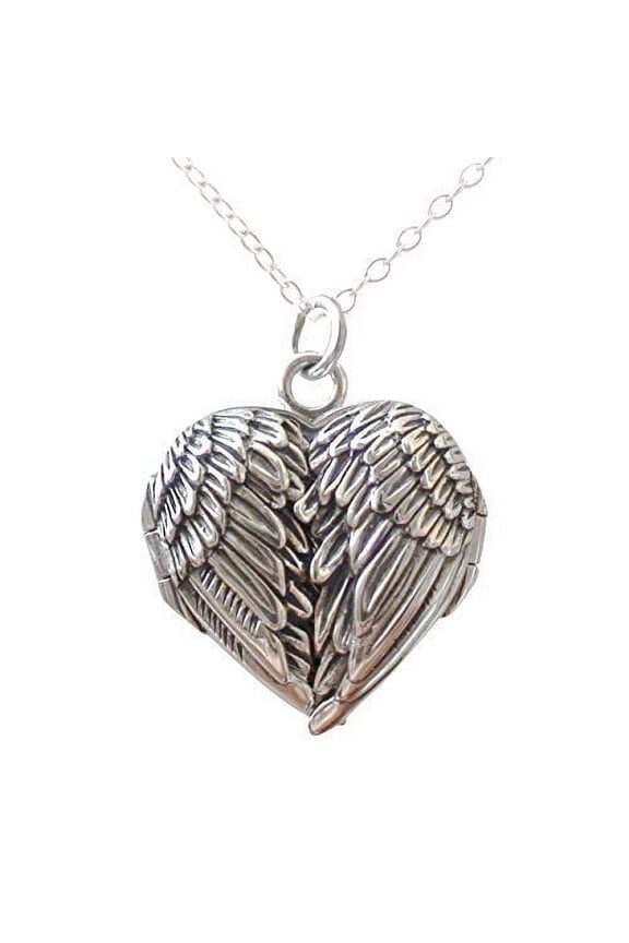 Sterling Silver Angel Wing Heart Locket Necklace 18" Chain