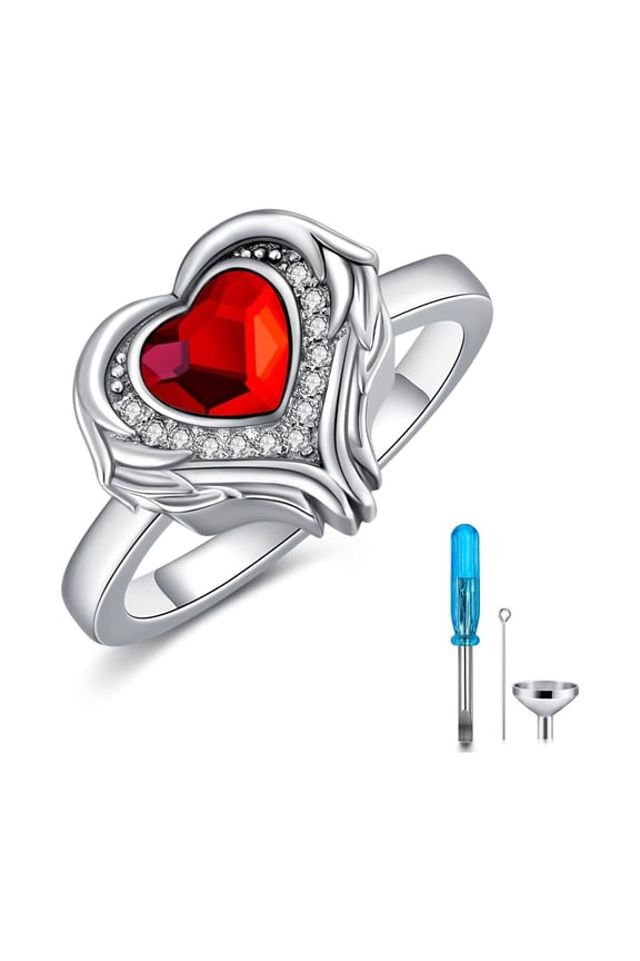 Sterling Silver Angel Wings Cremation Ring Holds Loved Ones Ashes, Heart Urn Ring for Ashes for Women, Memorial Keepsake Ring, Size 8
