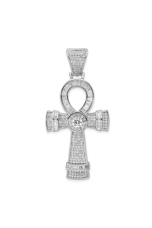 Sterling Silver Ankh Cross Pendant Necklace for Men and Women with CZ Diamond Detail Micro Pave Bail Religious Fashion Jewelry Spiritual Symbolic Design