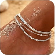 Sterling Silver Ankle Bracelets for Women,Dainty Layered Waterproof Anklet for Women Adjustable Sparkly Herringbone Beaded Rope Chain Set Stackable Cute Summer Beach Jewelry Gift