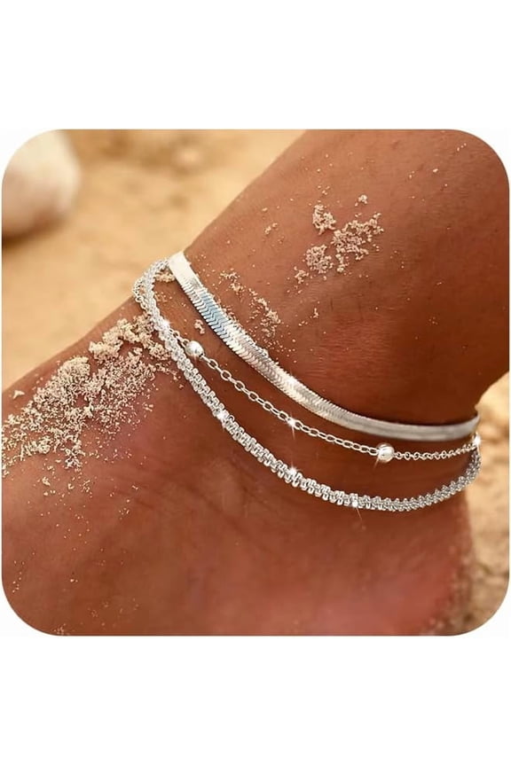Sterling Silver Ankle Bracelets for Women,Dainty Layered Waterproof Anklet for Women Adjustable Sparkly Herringbone Beaded Rope Chain Set Stackable Cute Summer Beach Jewelry Gift
