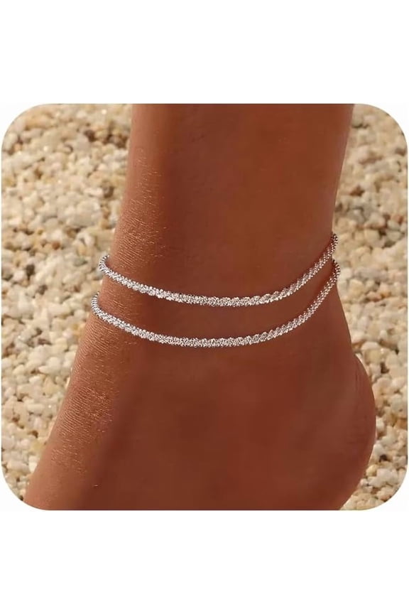 Sterling Silver Ankle Bracelets for Women,Dainty Layered Waterproof Anklet for Women Adjustable Sparkly Herringbone Beaded Rope Chain Set Stackable Cute Summer Beach Jewelry Gift