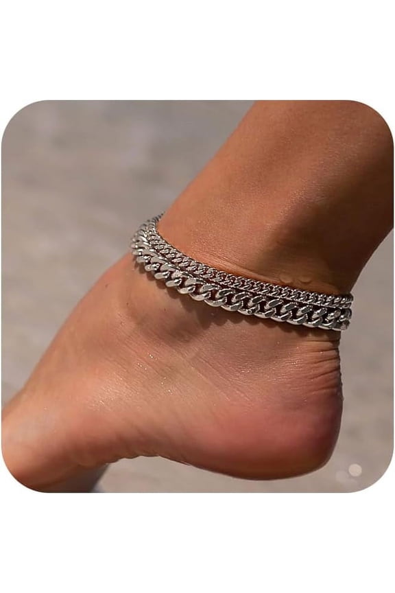 Sterling Silver Ankle Bracelets for Women: Dainty Layered Waterproof Anklet for Women Adjustable Womens Anklet Set Stackable Figaro Beaded Cuban Link Anklets Beach Jewelry for Women