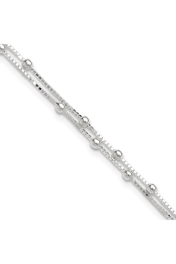 Sterling Silver Anklet 9 inch 0.8 mm Polished Beaded 2-strand Plus 1 ext.