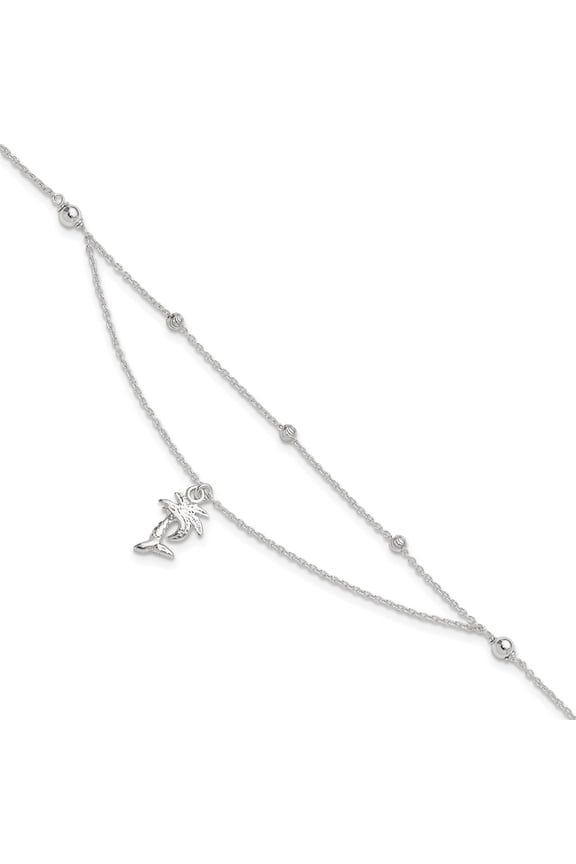 Sterling Silver Anklet 9 inch 1 mm Polished 2-Strand Palm Tree 9in Plus 1in Ext