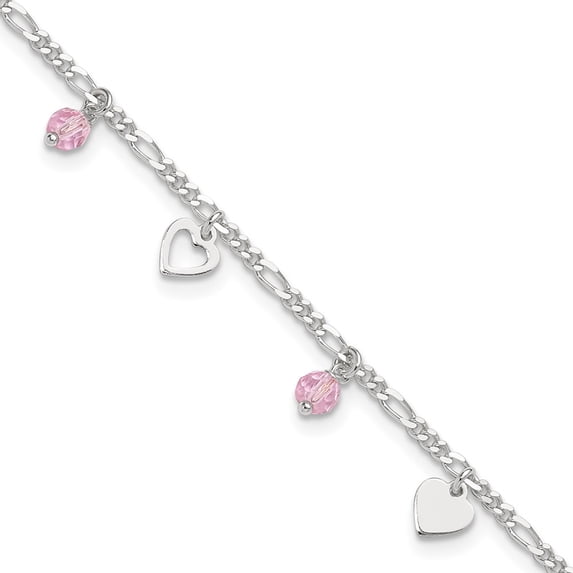 Sterling Silver Anklet 9 inch mm Pink Glass Beads and Polished Hearts with 1 extension
