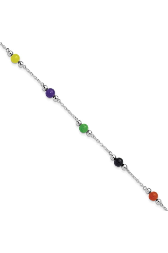 Sterling Silver Anklet 9 inch mm Rhodium-plated 9inch Polished Multi-Color Jade