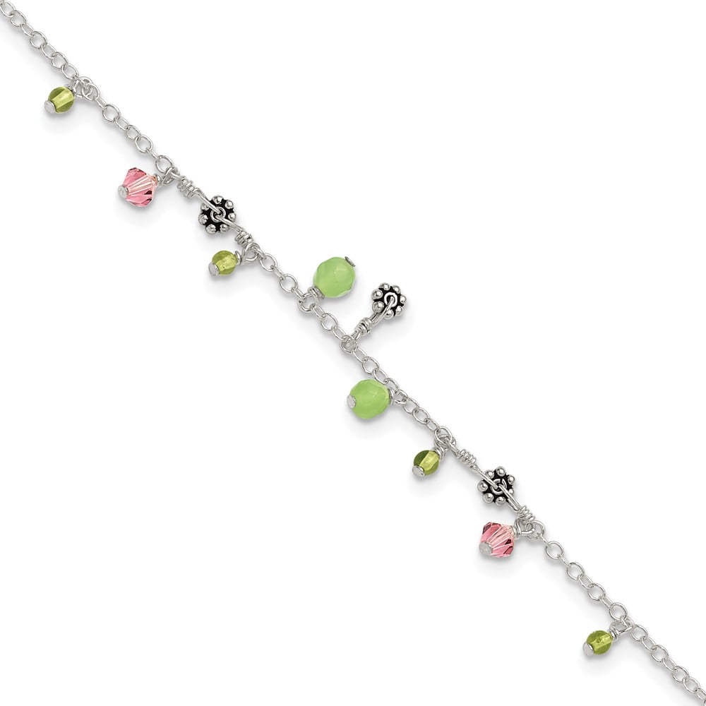Sterling Silver Anklet Crystal 9 inch mm 9in Pink Green Quartz Peridot Beads