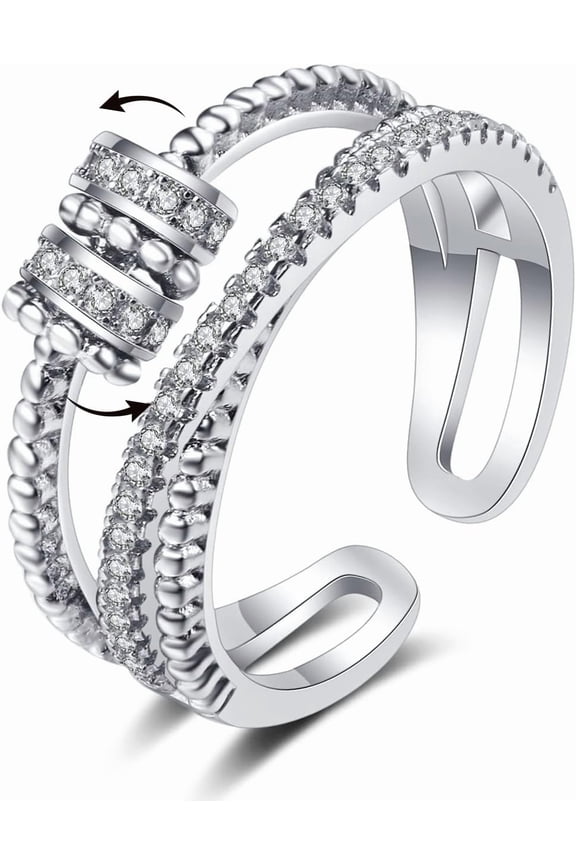 Sterling Silver Anti Anxiety Rings For Women Fidget Beads Spinner Band Open Adjustable Stacking Spinning Worry Stress Relief Ring with Beads Jewelry Farthers Day Gifts from Daughter
