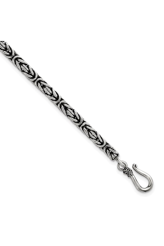 Sterling Silver Antiqued 4.0mm Byzantine 8 Inch Hook Clasp Mens Bracelet