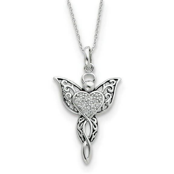 Sterling Silver Antiqued Cubic Zirconia Angel Necklace - 18 Inch