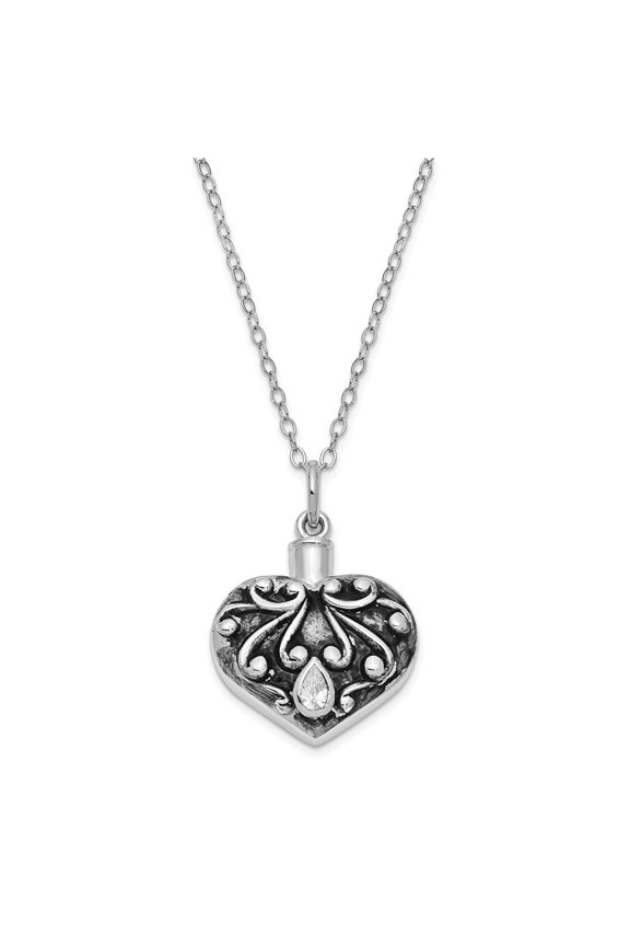 Sterling Silver Antiqued Cubic Zirconia Scroll Heart Remembrance Necklace - 18 Inch