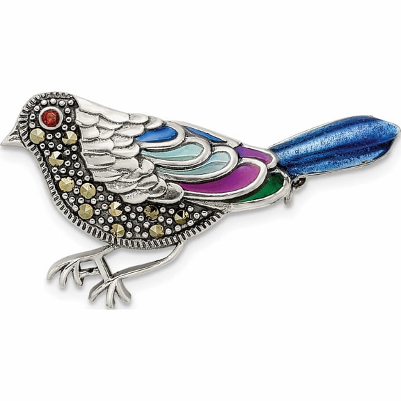 Jewelry by Sweet Pea Sterling Silver Antiqued Multicolored Enameled Marcasite and Garnet Bird Pin Brooch