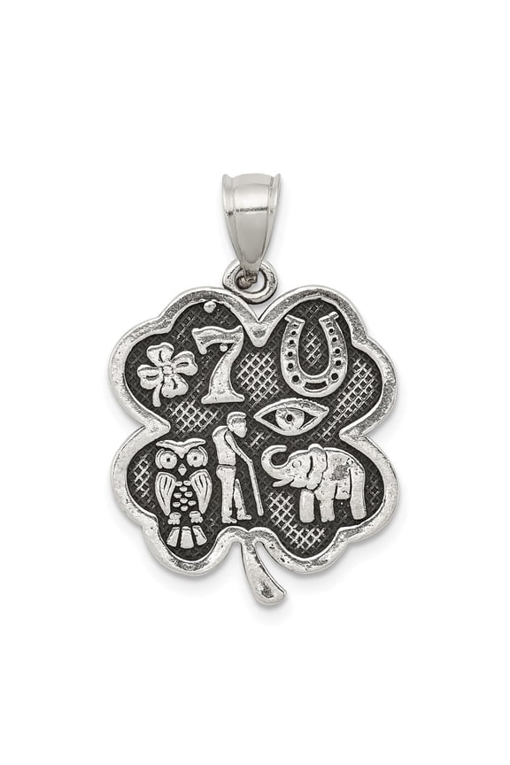 Sterling Silver Antiqued Good Luck Icon Clover Pendant Charm