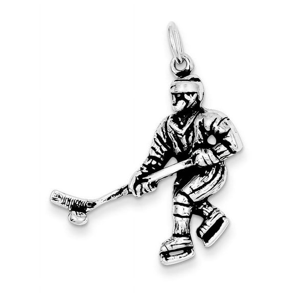 925 Sterling Silver Polished Oxidized Hockey Player Charm 37x28mm Wide Pendant Necklace for Women