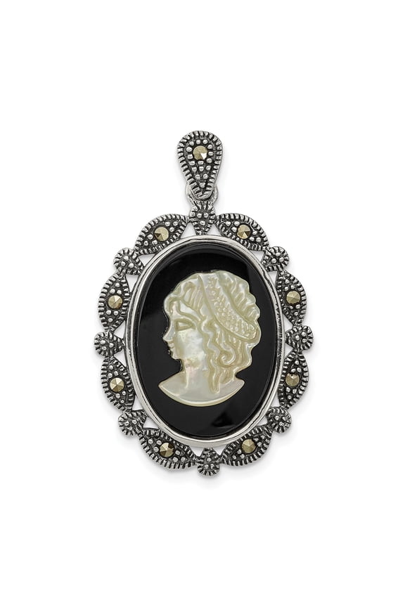 Sterling Silver Antiqued Marcasite Black Agate MOP White Cameo Pendant