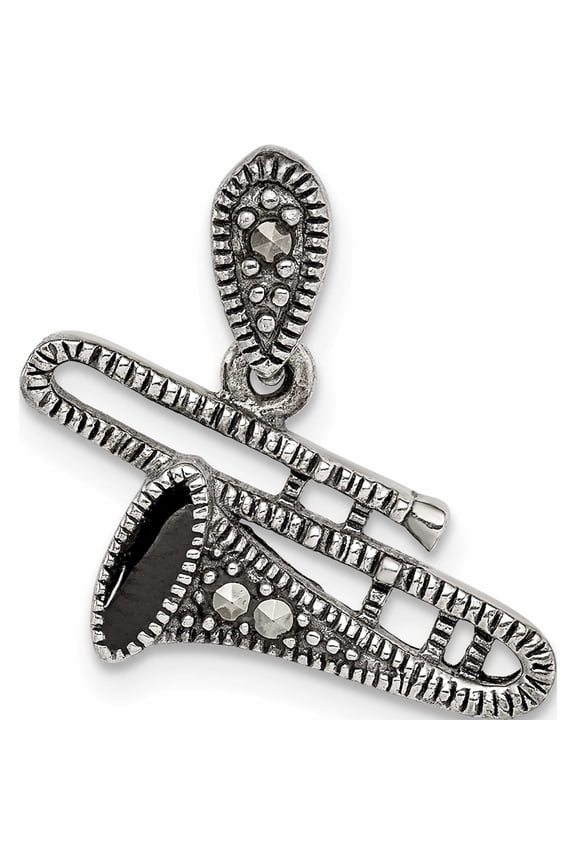 Sterling Silver Antiqued Marcasite & Black Epoxy Trombone Pendant (17.93 X 20.14) Made In Thailand -Jewelry By Sweet Pea