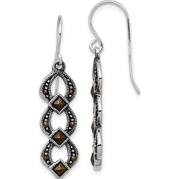 Sterling Silver Antiqued Marcasite Dangle Earrings (43 X 9) Made In Thailand qe3411