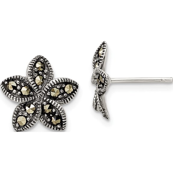 Sterling Silver Antiqued Marcasite Flower Post Earrings (12.39 X 12.89) Made In Thailand qe16517