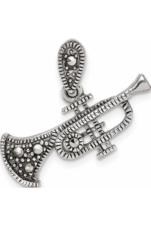 Sterling Silver Antiqued Marcasite Trumpet Pendant (17.3 X 22.78) Made In Thailand -Jewelry By Sweet Pea