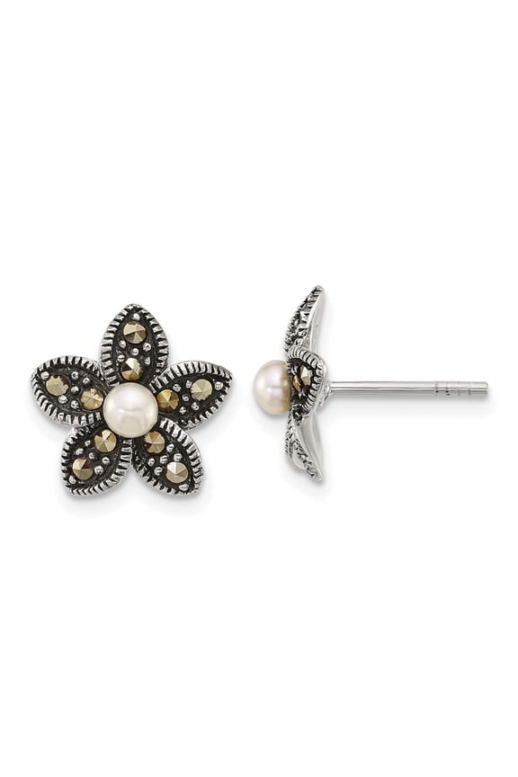 Sterling Silver Antiqued Marcasite and Freshwater Cultured Pearl Fancy Flower Post Earrings