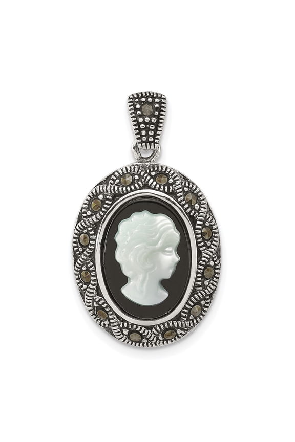 Sterling Silver Antiqued Marcasite with Black Agate and Mother of Pearl Cameo Pendant