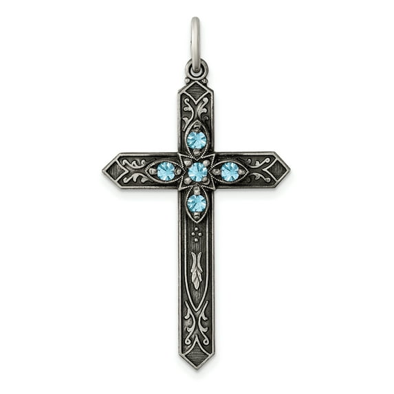 925 Sterling Silver Oxidized Simulated March Religious Faith Cross Charm 37x22mm Wide Pendant Necklace for Women