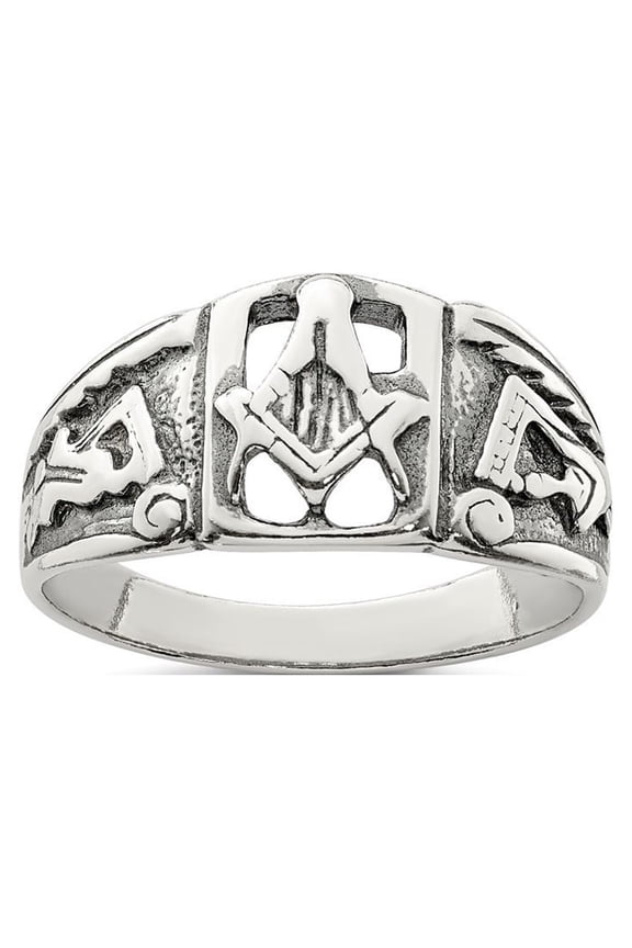 Sterling Silver Antiqued Masonic Ring - 5.3 Grams - Size 10 - Measures 4mm Wide