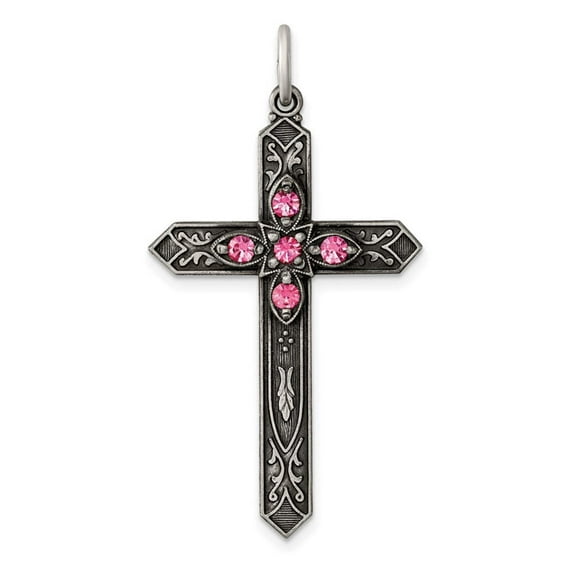 925 Sterling Silver Oxidized Simulated October Religious Faith Cross Pendant Necklace 37x22mm Wide Pendant for Women