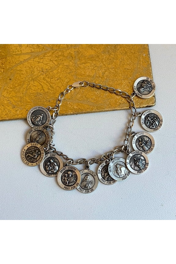 Sterling Silver Antiqued Patron Catholic Saints Medals Link Charm Bracelet 7.5"